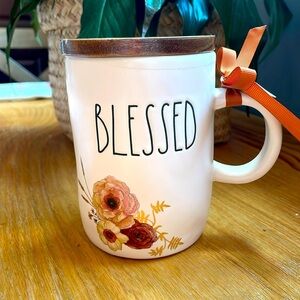 NWT Rae Dunn BLESSED Tall Floral Mug with Wood Coaster Top.